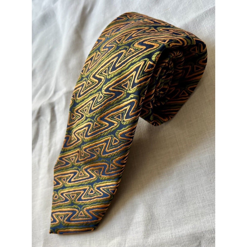 Vintage Via Veneto Necktie - Green Gold Navy zig zag pattern psychadelic (K92)